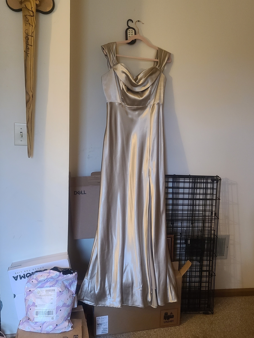 Birdy Grey Satin Cowl Neck Maxi Dress in Champagne Gold